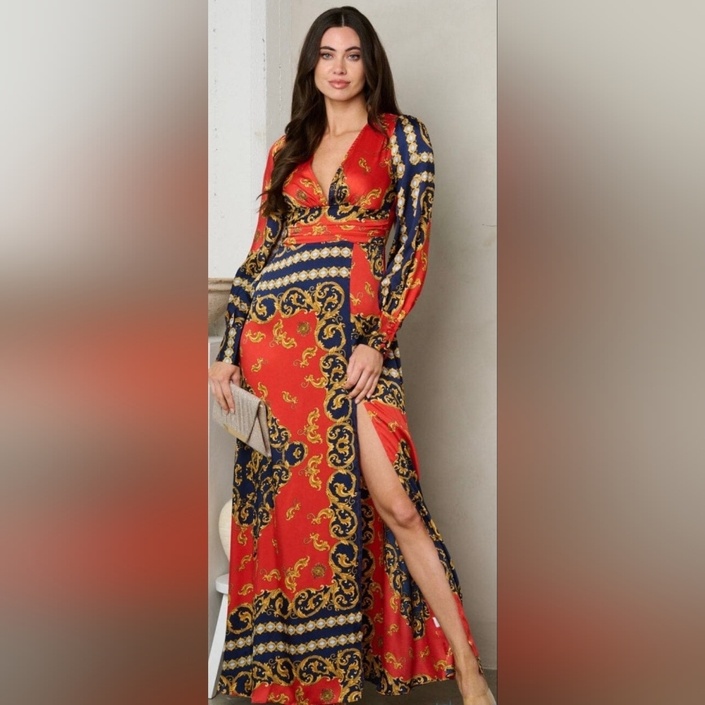 Stunning Dress Day Red/Gold Print Long-Sleeve Maxi Dress w/Sexy Side Slit, S! 🍁